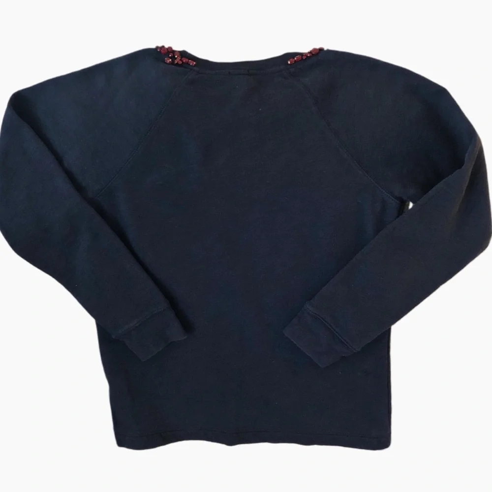 J. Crew Navy Crew Neck Sweatshirt with Red Stone Embellishments Sz S